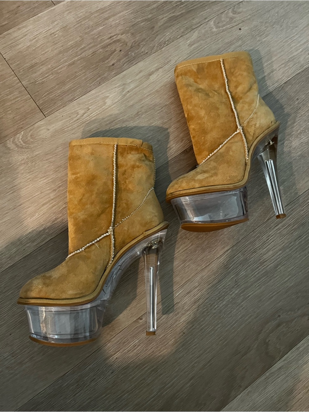 Women’s Suede Platform Ankle Boots in Tan with Clear Heel - never worn